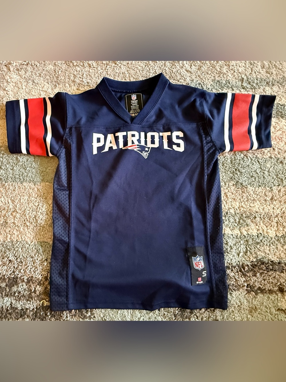NFL Patriots Youth Navy Football Jersey with Red & White Sleeve Accents